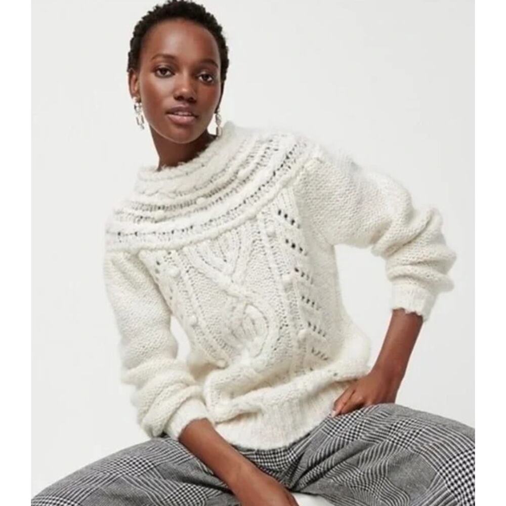 J. Crew Pointelle Pom Pom Sweater Alpaca Wool Blend Chunky Cable Knit Preppy - Picture 14 of 14